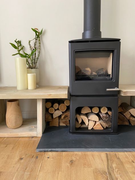 Raised Log Burner, Freestanding Log Burner, Free Standing Log Burner Living Rooms, Corner Log Burner, Wood Burner Fireplace, Wood Stove Wall, Log Burner Living Room, Scandi Living Room, Wood Stove Cooking