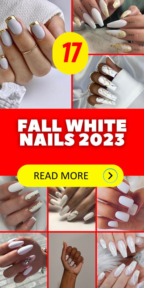 White and Gold Glam: Add a touch of glamour to your white nails with gold accents. Create a gold French tip, gold foil accents, or even intricate gold designs for a luxurious and eye-catching manicure. Fall White Nails, White Nails 2023, White Fall Nails, Matte White Nails, White Lace Nails, Fall Nails Ideas, Gold Accent Nail, White Nails With Gold, White Tip Nails