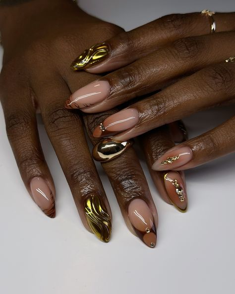 Brown, gold & Swarovski crystals 🤎🥹 #dovenailsbysharon Brown And Gold Gel Nails, Brown And Gold Almond Nails, Brown Nails Gold Tips, Brown Nails With Gold Rhinestones, Brown Nails Gold Glitter, Chocolate Nails, Almond Acrylic, Brown Nails Design, Nail Candy