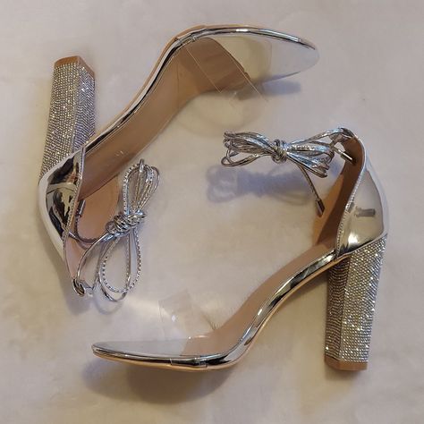 Lala Ika 4 Inch Block High Heels. Silver With Rhinestone Heel, Wrap Around Ties, And Clear Strap Across Toes. Heels For Graduation, Md Shoes, Happiness Drama, Quince Heels, Silver Stiletto Heels, Quince Shoes, Expensive Heels, Hoco Shoes, High Heels Silver