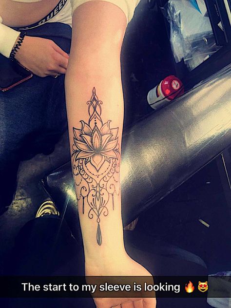 Lotus Flower Arm Tattoo Half Sleeves, Inner Forearm Mandala Tattoo, Mandala Arm, Forearm Mandala Tattoo, Lace Sleeve Tattoos, Mandala Arm Tattoos, Tattoo 2022, Mandela Tattoo, Lotus Mandala Tattoo