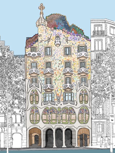 Gaudi Architecture Drawing, Antoni Gaudi Drawings, Casa Batllo Drawing, Gaudi Tattoo, Barcelona Sketch, Barcelona Drawing, Casa Battlo, Barcelona Illustration, Gaudi Art