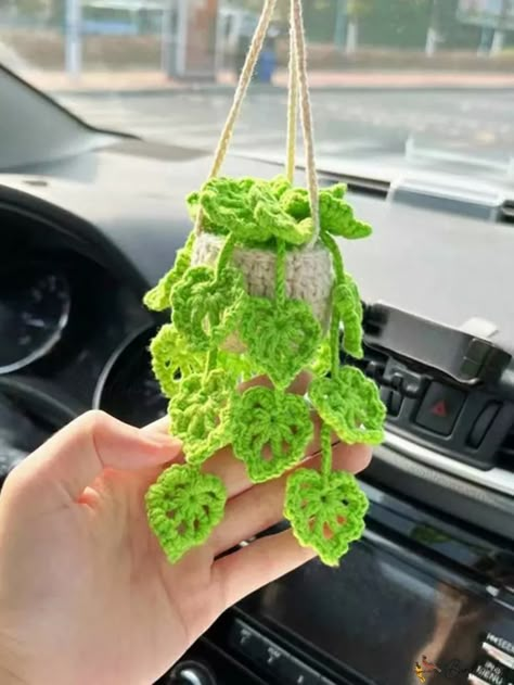 Bird in Bag - Elevate Your Vehicles Aesthetic with this Exquisite Handmade Crochet Plant Car Mirror Ornament - An Ideal Present for Automobile Enthusiasts! Exquisite Car Rearview Mirror Decoration, Handcrafted Woven Potted Plant Pendant; Ideal for Thanksgiving, Christmas & Car Accessories. Perfect Gift for Women. Pot Gantung, Car Mirror Hanging Accessories, Crochet Plants, Crochet Car, Rear View Mirror Decor, Crochet Plant, Monstera Plant, Crochet Collection, Knitting Wool