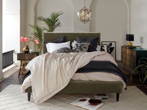 Andes Bed—Arhaus. Clean and modern, this bedroom collection infuses your space with sophistication. Its simple, silhouette is softened by subtle detailing and plush upholstery. Arhaus Bedroom, Apartments Design, Arhaus Furniture, Layout Design Inspiration, Bedroom Idea, Beds And Headboards, Minimalist Room, Simple Silhouette, Plywood Furniture