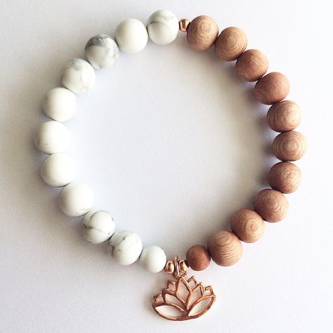 8mm rosewood & howlite with lotus charm #copperlinkcrafts Diy Jewelry Making Tutorials, Stone Bead Jewelry, Healing Gemstone Bracelets, Pretty Jewelry Necklaces, Diy Bracelet Designs, Beads Bracelet Design, Handmade Jewelry Tutorials, Beaded Bracelets Diy, Bracelets Handmade Beaded