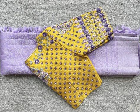 Lavender Color Saree Contrast Blouse, Lavender Color Saree, Contrast Color Combinations, Lavender Combination, Saree Contrast Blouse, Lavender Saree, Saree Colors, Saree Jacket Designs, Yellow And Lavender