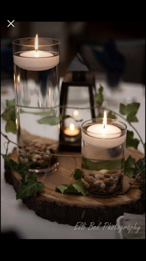 Rustic Mountain Centerpiece, Rustic Floating Candle Centerpieces, River Themed Decor, Rock Wedding Centerpieces, Rustic Rehearsal Dinner Ideas, Rustic Mountain Wedding Decor, Mountain Party Theme, Mountain Wedding Centerpieces, Rustic Rehearsal Dinner Decorations