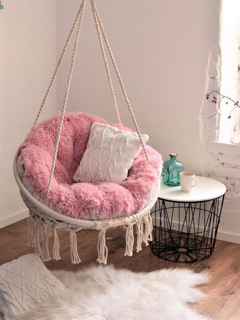 Hanging Chair Soft Fluffy Pillow Fixing of a Swing - Etsy Swings For Room, Pink Hanging Chair, Fluffy Chairs For Bedrooms, Hanging Chairs In Bedroom, Swings For Bedrooms, Pink Chair Bedroom, Hanging Chair In Bedroom, Room Chair Ideas, Cushion Chairs