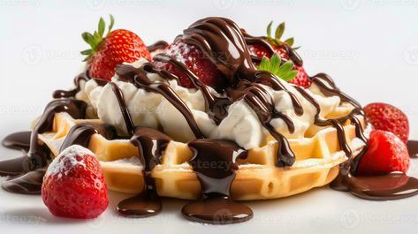 Capture a mouthwatering and exquisite close-up photograph of Belgium waffles with chocolate sauce, ice cream and strawberries isolated on white background. Generative AI Waffles With Chocolate, Cream And Strawberries, Belgium Waffles, Chocolate Sauce, Strawberries, Food Animals, Belgium, Waffles, Planting Flowers