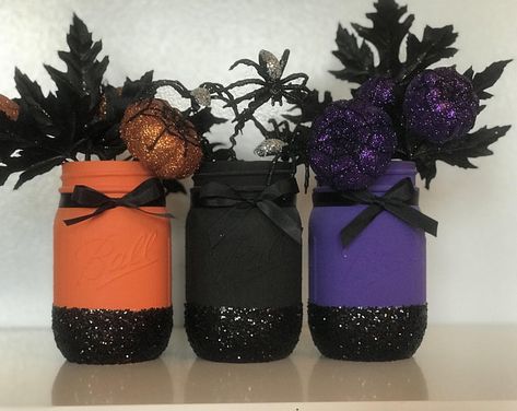 Rustic Halloween Halloween Mason Jar Rustic Mason Jar | Etsy Mason Jar Halloween Crafts, Halloween Brunch, Reuse Jars, Halloween Entertainment, Rustic Halloween Decor, Distressed Mason Jars, School Valentines, Halloween Mason Jars, Dollar Tree Halloween