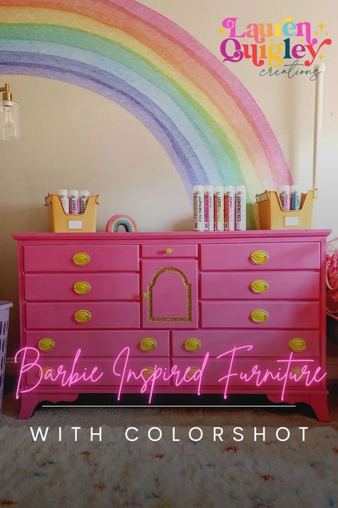 I LOVE upcycling and decorating and it was finally time to do my youngest daughter's room. Her favorite color is PINK and she needed an upgrade from her smaller toddler dresser to a larger dresser and I could not resist using my ColorShot spray paint! Toddler Dresser, Spray Paint Dresser, Pink Spray Paint, Matte Spray Paint, Metal Bins, Pink Run, Pink Dresser, Pink Furniture, Furniture Flipping