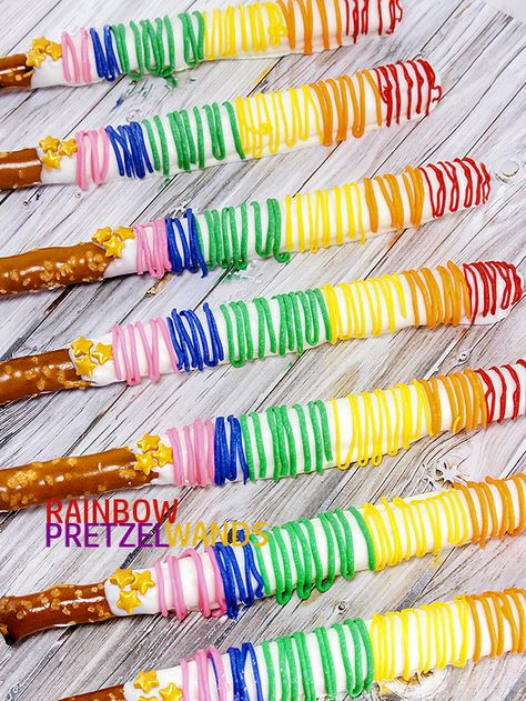 Rainbow Pretzel Wands Snack, Kid Food, Back to School, Rainy Day Recipe School Rainy Day, Pretzel Wands, Girl Scout Silver Award, Chocolate Turkey, Rainbow Snacks, Care Bears Birthday Party, Care Bear Party, Care Bear Birthday, Birthday Party Snacks