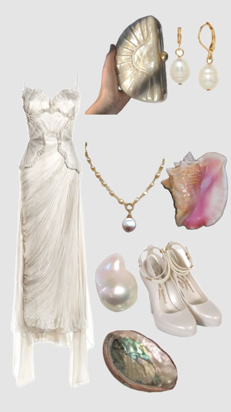 Mermaid Core Winter Outfit, Poseidon Aesthetic Outfit, Aphrodite Outfit Ideas, Venus In Pisces Style Outfits, Ocean Core Outfits, Pisces Venus Outfits, Aphrodite Inspired Outfits, Fancy Beach Outfit, Sea Witch Aesthetic Outfit