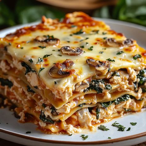 Chicken, Mushroom, and Spinach Lasagna Chicken Mushroom Spinach Lasagna Recipe, Chicken Mushroom And Spinach Lasagna, Mushroom Spinach Lasagna, Chicken Mushroom Spinach, Mushroom And Spinach Lasagna, Chicken Spinach Lasagna, Spinach Mushroom Lasagna, Mushroom Lasagna, Vegetable Casserole Recipes