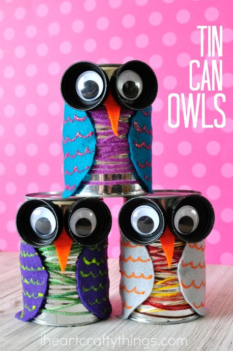 This tin can owl craft is colorful and cute and is perfect for the fall season… Owl Craft, Recycled Tin Cans, Fun Fall Crafts, Flower Wall Hanging, Recycled Tin, Tin Can Crafts, Owl Crafts, Bird Crafts, Tin Cans