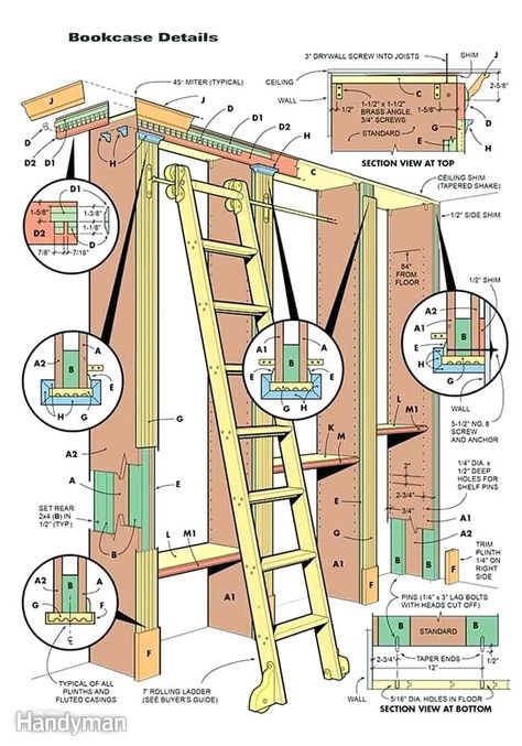 How to build a classic floor-to-ceiling hardwood bookcase - a guide from The Family Handyman Magazine.  The bookcase looks ornate (Greek Revival style) but is relatively simple to build #booklove #library Floor To Ceiling Bookcase, Dark Shelves, Wall Library, Exploded Diagram, Library Ladder, Kursi Bar, Dream Library, Library Room, Home Library Design