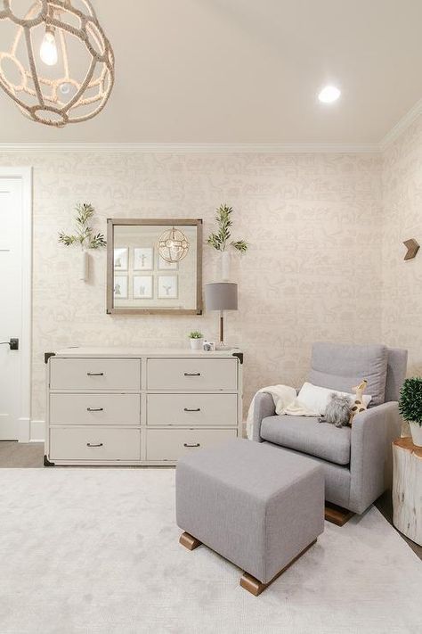 Grey Glider Nursery, Dreamy Room Decor, Glider Nursery, Shiplap Nursery, Transitional Nursery, Nursery Storage Baskets, Modern Baby Room, Campaign Dresser, Room Decor Furniture