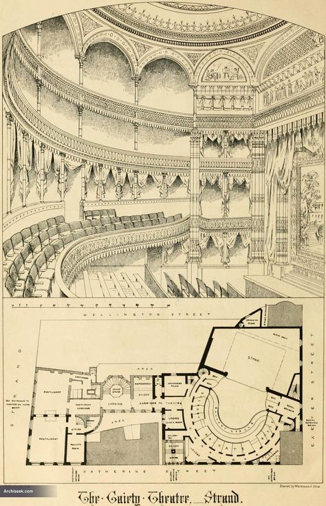 1868 – Gaiety Theatre, The Strand, London  Architect: C.J. Phipps     0005 Theatre Plan Architecture, Architecture Theatre, Theater Drawing, Theatre Exterior, Theatre Sketch, Theatre Plan, Theatre Drawing, Theater Plan, Old Theatre