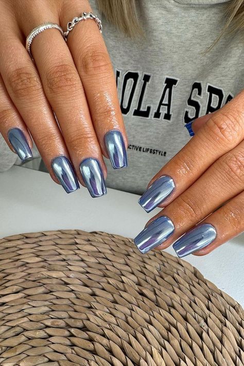 34 Sparkly Blue Chrome Nails Inspo for 2024 Multicolored Chrome Nails, Purple Blue Chrome Nails, Round Chrome Nails, Blue Mirror Nails, Blue Chrome Acrylic Nails, Blue Iridescent Nails, Dark Blue Chrome Nails, Blue Metallic Nails, Chromatic Nails