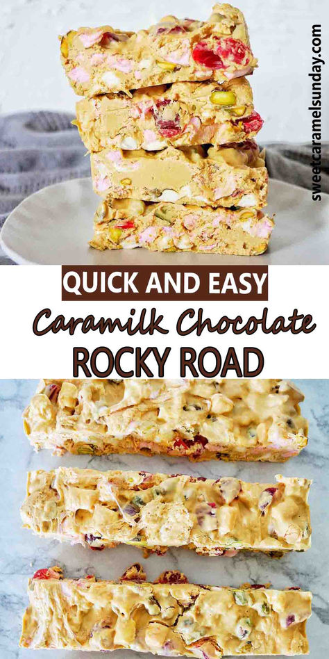 Pieces of caramilk rocky road sliced and stacked on a white plate. There is text written between 2 images. White Rocky Road Christmas, How To Make Rocky Road, Rocky Road Christmas, Christmas Rocky Road, Xmas Food Gifts, Caramilk Rocky Road, Rocky Road Recipe, Holiday Baking Christmas, Baking Christmas