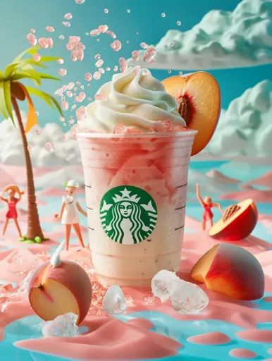 ↑↑↑ Larger size on website 🔸 A Starbucks Peach Frappuccino sits on a pink and blue surface with ice and peach slices. It is toppe 🔸 From Midjourney AI Image Drops Of Water, Peach Slices, Fluffy Clouds, Summer Refreshments, Summer Day, Summer Drinks, Whipped Cream, Summer Days, Pink