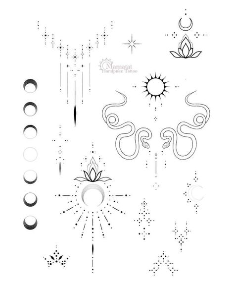 Delicate Pattern Tattoo, Dot Ornament Tattoo, Moon Phases Fine Line Tattoo, Ornamental Celestial Tattoo, Ornamental Moon Phases Tattoo, Line And Dot Tattoo, Tiny Witch Tattoo, Bohemian Tattoos For Women, Small Ornamental Tattoo Design