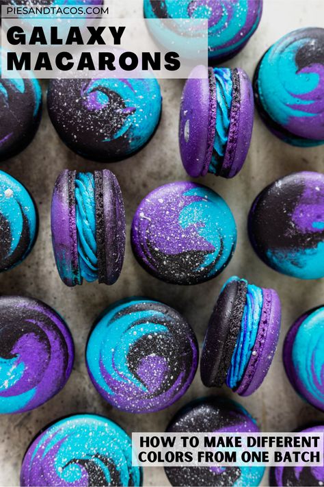 galaxy macarons with three different color shells: purple, blue and black. Galaxy Macarons, Macaron Troubleshooting, Pies And Tacos, Galaxy Desserts, Perfect Meringue, Vegan Macarons, How To Make Macarons, 귀여운 음식 그림, Luster Dust