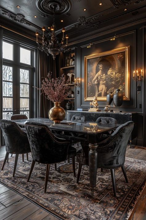 29 Dark Home Decor Ideas to Transform Your Space with Bold Elegance 19 Dark Home Decor Ideas, Modern Dark Kitchen, Moody Dining Room, Dark Dining Room, Whiskey Room, Dark Home Decor, Dark Kitchen, Dark Home, Dark Walls