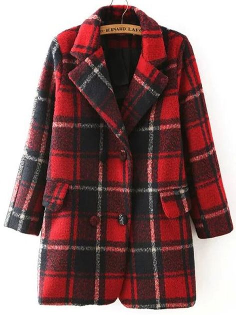 Free Returns ✓ Free Shipping On Orders $49+ ✓. Red Black Lapel Plaid Double Breasted Coat- Women Coats at SHEIN. Evergreen Fashion, Red Plaid Coat, Pattern Clash, Double Breasted Coat Women, Jacket Inspiration, Red Long Coat, Tartan Coat, Tartan Fashion, Glad Rags