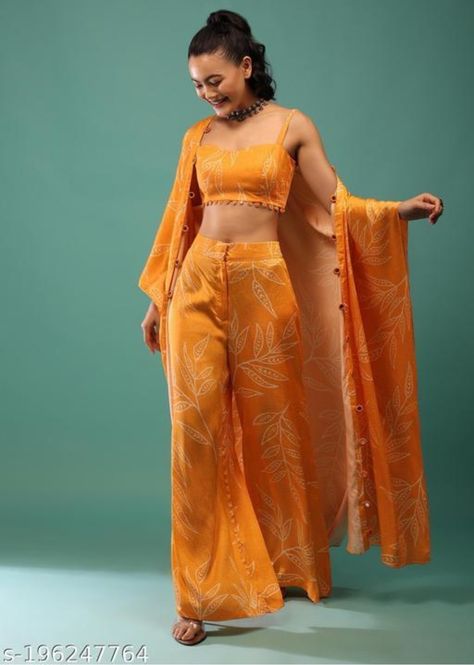 Crop Top And Palazzo Pants Indian, Yellow Shrug, Palazzo Pants Indian, Shrug Crop Top, Crop Top Palazzo, Cotton Short Tops, Long Shrug, Net Skirt, Casual Indian Fashion