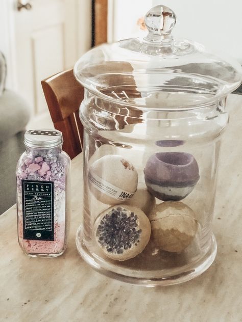 Perfect storage solution for bath bombs. Bath Salt And Bubble Bath Storage, Bathbomb Storage, West Elm Rugs, Bath Bomb Storage, Large Glass Canisters, Pottery Barn Home, Apothecary Jars Bathroom, West Elm Rug, Apothecary Decor