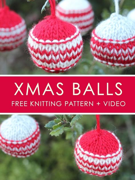 Christmas Ball Ornaments knitted in red and white yarn colors. Patchwork Blankets, Christmas Knitting Projects, Knit Christmas Ornaments, Knitted Christmas Decorations, Knitted Headbands, Knitted Patchwork, Xmas Balls, Christmas Knitting Patterns Free, Patchwork Squares