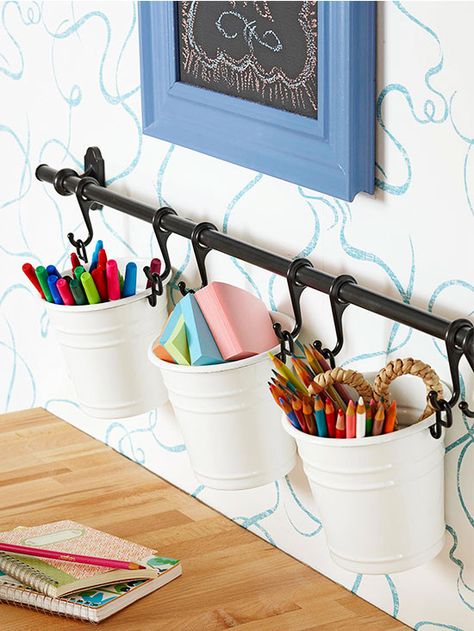 Available from Ikea -- DIY Version: Install a towel rod with sliding hooks.  Hang small buckets on the rod to organize craft supplies! Easy Kitchen Updates, Dorm Room Diy, Pantry Makeover, Towel Rod, Dollar Store Organizing, Kitchen Projects, Dollar Store Diy, Craft Organization, Diy Organization