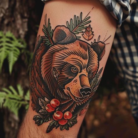 🐻 Traditional Bear Tattoo Ideas. Feel free to download designs Exploring the wild side with these timeless bear tattoo designs! From fierce to friendly, which one speaks to your spirit? 🌿 #BearTattoo #TattooInspiration #TraditionalTattoo #InkedLife #WildSpirit #TattooArt #ArtisticInk #InkAddict #TattooIdeas #ReelArt Bear Tattoos Traditional, Maine Inspired Tattoo, African Wild Dog Tattoo, Old School Bear Tattoo, Traditional Bear Head Tattoo, Bear Traditional Tattoo, Traditional Deer Tattoo, American Traditional Bear Tattoo, American Traditional Bear