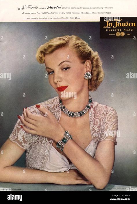 Download this stock image: 1940s USA La Tausca Magazine Advert - EXR6AP from Alamy's library of millions of high resolution stock photos, illustrations and vectors. Jewelry Advertisement, 1940s Jewelry, Magazine Advert, Jewel Dress, Jewelry Editorial, Jewelry Ads, Mid Century Jewelry, Fabulous Jewelry, Emerald Jewelry