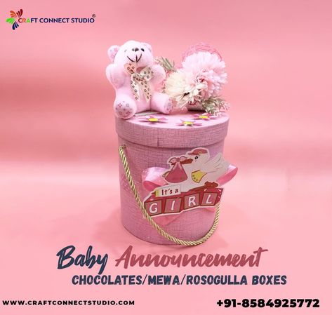 "Got a little one? Have a little fun. Come buy this at CRAFT CONNECT STUDIO and get you're very own special Baby Announcement Box! It contains special made Chocolate,Mewa and Rosogulla " 🎀Contact Craft Connect Studio For Your Special Gifting 🌻🌻🌻 🎀For All The Queries & Orders Or Contact for more designs You Can Follow This Number With Call & Whatsapp:- 8584925772🌻🌻🌻 #CraftConnectStudio #167Jessoreroad #kolkata #babyannoucement #luxurygifting #luxury #gifting #baby #favours #babyhamp Hampers Idea, Birthday Setup, Baby Giveaways, Giveaway Ideas, Wooden Trays, Bridal Gift Wrapping Ideas, Free Printable Birthday Invitations, Baby Favors, Printable Birthday Invitations