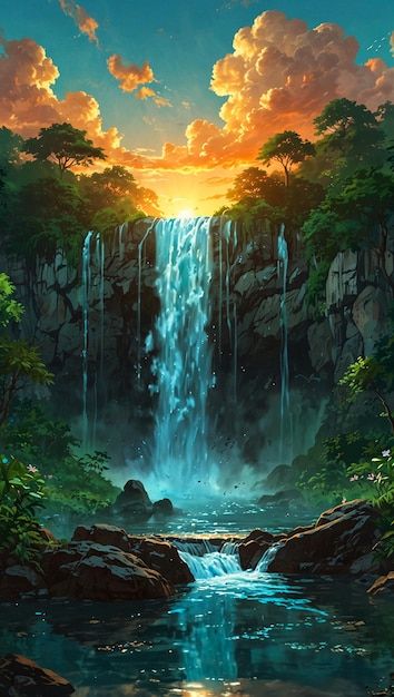 Drawing Borders, Waterfall Art, Waterfall Paintings, Mountain Waterfall, Dreamy Artwork, Fantasy Background, Sun Shining, Landscape Paintings Acrylic, Photo Beautiful