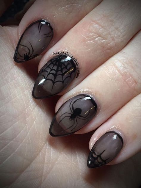 Clear Spider Web Nails, Sheer Black Halloween Nails, Black Spider Nail Design, Short Pointy Halloween Nails, Black Widow Spider Nails, Witchy Nails Halloween, Black On Black Nail Designs, Spider Nails Designs, Black Spider Web Nails