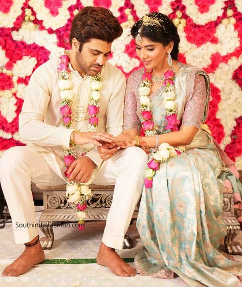 Sharwanand Engagement, Indian Engagement Outfit Couple, Groom Engagement Outfit Indian, Engagement Couple Outfits Indian, South Indian Engagement Outfit, South Indian Engagement, Indian Engagement Outfit, Engagement Dress For Groom, Engagement Looks