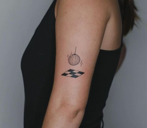 Disco Tattoo Disco Ball Flower Tattoo, Matching Disco Ball Tattoo, Disco Ball Outline Tattoo, Fine Line Disco Ball Tattoo, Disco Ball Tattoo Placement, Disco Drawing, Tattoo Ideas Disco Ball, Disco Tattoo, Disco Ball Tattoo