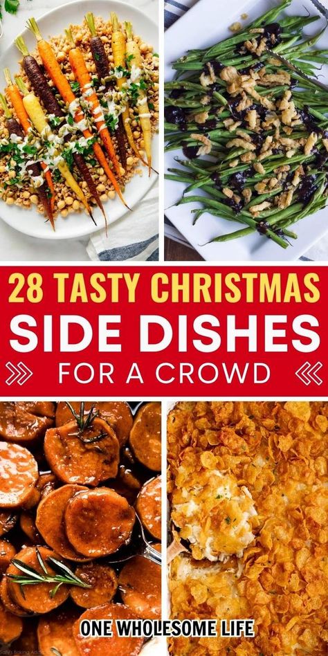 collage of Christmas side dishes. Vegetables Side Dishes For Christmas, Christmas Sides For A Crowd, Christmas Party Side Dishes For A Crowd, Easy Holiday Vegetable Side Dishes, Vegetable Side Dishes For A Crowd Slow Cooker, Holiday Dinner Side Dishes, Holiday Party Side Dishes, Christmas Carry In Food Ideas, Christmas Side Dish Ideas