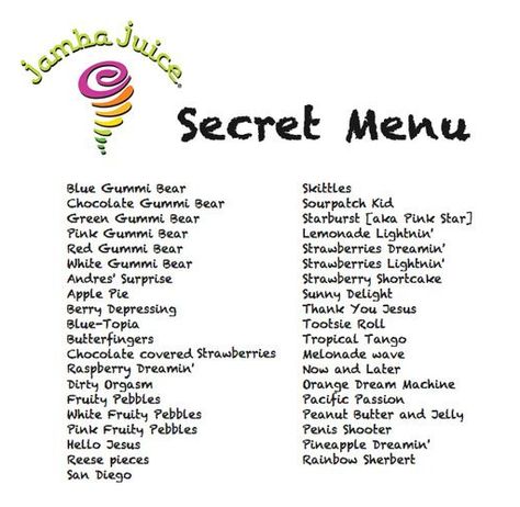 Jamba Juice Secret Menu List<< there are some really weird names... Jamba Juice Recipes, Juice Menu, Secret Menu Items, Jamba Juice, Bear Pink, Extremely Funny, Sour Patch Kids, Raspberry Cheesecake, Sour Patch