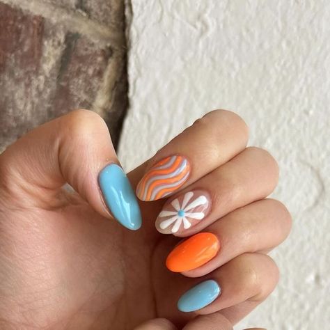 Summer Nails Orange And Blue, Blue And Orange Nail Art, Clase Azul And Citrus Nails, Nails Orange And Blue, Pastel Blue And Orange Nails, Orange And Blue Manicure, Blue And Orange Nails Acrylic Almond, Blue And Orange Flower Nails, Navy And Orange Nails