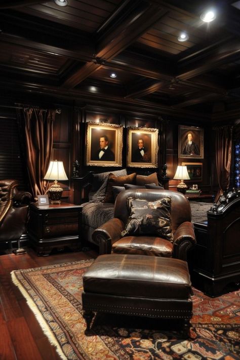 Gentleman Decor, Bloxburg Club, Build A Library, Dark Deco, Bedroom Paintings, Men's Bedroom, Whiskey Lounge, Reading Spaces, Bedroom Ideas For Men