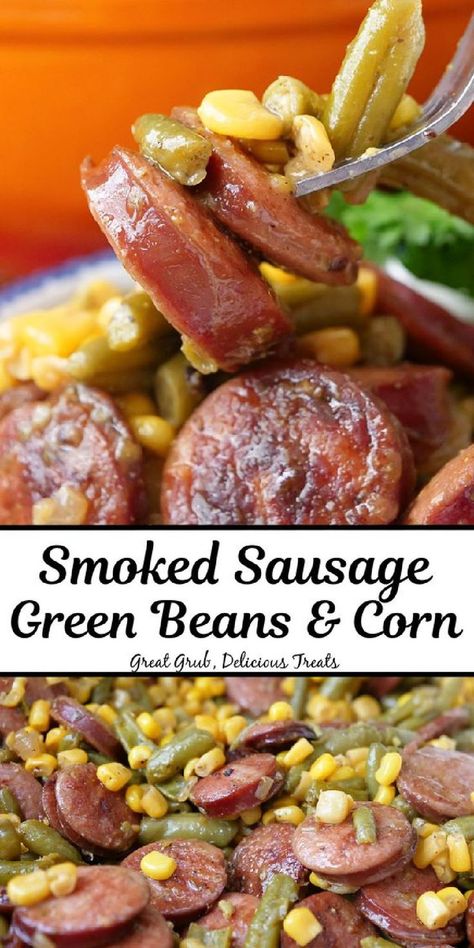 A double collage photo of smoked sausage, green beans and corn with the title of the recipe in the center between the two photos. Smoked Sausage And Green Beans, Sausage Green Beans, Green Beans And Corn, Sausage And Green Beans, Chicken And Sausage Jambalaya, Green Beans Side Dish, Smoked Sausage Recipes, Beans And Corn, Honey Barbecue