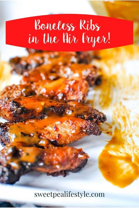 Boneless Ribs in the Air Fryer?! This easy recipe for air fryer ribs starts with an easy dry rub and ends with your favorite bbq sauce! Boneless Ribs Recipe, Ribs In The Air Fryer, Carolina Gold Bbq Sauce, Air Fryer Ribs, Gold Bbq Sauce, Recipe For Air Fryer, Boneless Pork Ribs, Boneless Ribs, Diy Easy Recipes