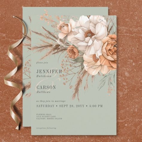 Set the tone for your special day with our enchanting boho rustic wedding invitation. Featuring a soft sage green background, this design is adorned with a stunning spray of watercolor flowers and dried grasses. Delicate hues of peach blush, cream, and light sage green foliage, intertwined with light beige dried grasses, create a harmonious blend of rustic charm and bohemian elegance. Perfect for a summer or fall wedding that's uniquely you. Created by Simply Farmhouse Press. Sage Green And Terracotta Wedding, Sage Green Wedding Theme, Peach Wedding Bouquet, Forest Green Wedding, Soft Sage Green, Peach Palette, Green Themed Wedding, Rustic Wedding Invitation, Light Sage Green