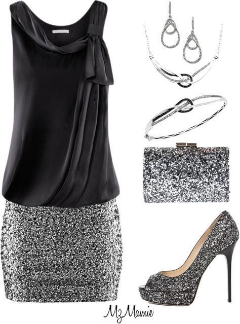 glittery silver and black, a perfect outfit for a weekend night out! Silver Outfit, Bling Party, Fest Outfits, Date Outfits, Black And Silver, Mode Style, Night Outfits, Look Chic, Mode Outfits