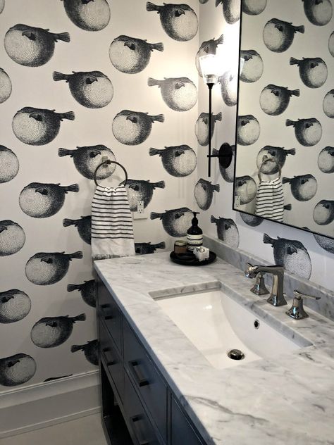 bathroom with blowfish wallpaper Blowfish Wallpaper Bathroom, Blowfish Wallpaper, Toronto Houses, Wallpaper Bathroom, Bamboo Chair, Attic Spaces, Diy Bathroom Remodel, Guest Bathrooms, Boys Bathroom