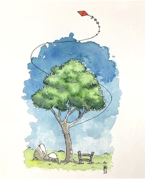 Tree Sketch Watercolor, Watercolor Art Lessons Elementary, Water Colour Ideas Easy, Easy Water Painting Ideas, Watercolor Practice Exercises, Spring Season Drawing, Drawing Of Tree, Sulu Boya Çalışmaları, Watercolor Art Ideas